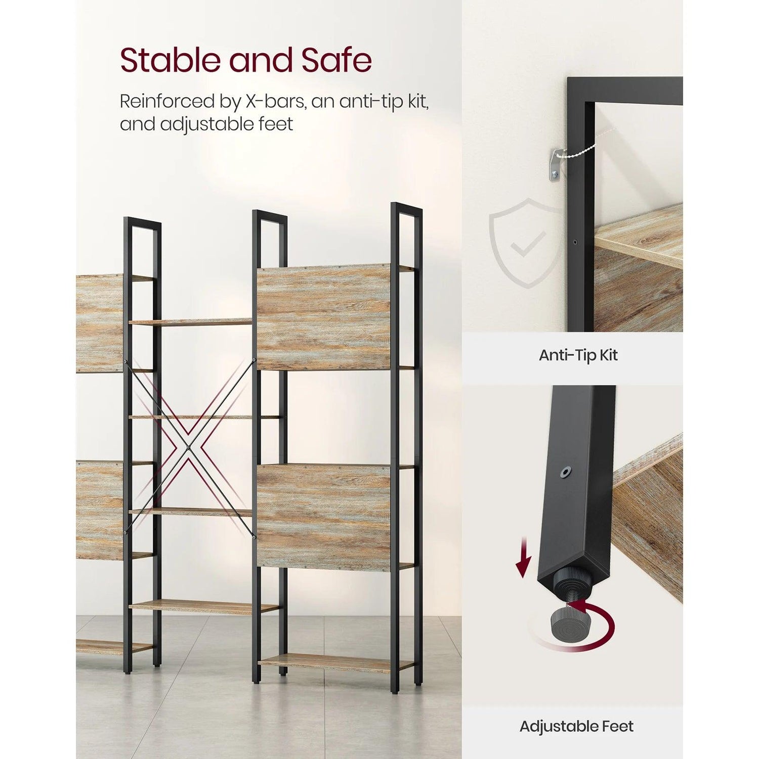 Stylish bookcase with anti-tip safety kit, holds up to 308 lbs