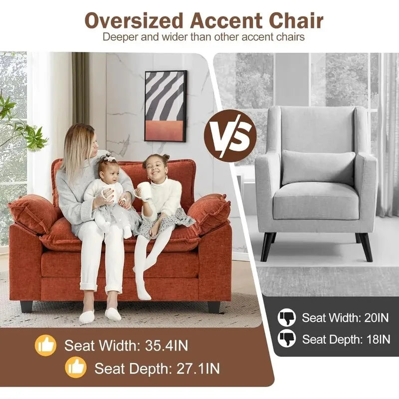 Comparison of oversized accent chair with a standard chair, showing size difference and family using the oversized chair.