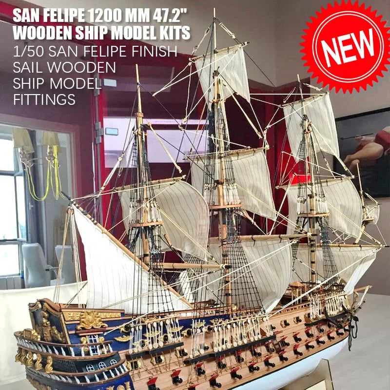 Model of a wooden ship with text about San Felipe 1200 mm 47.2" wooden ship model kits.