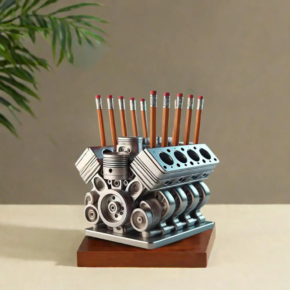 Pencil holder designed like a engine block with pencils on a neutral background