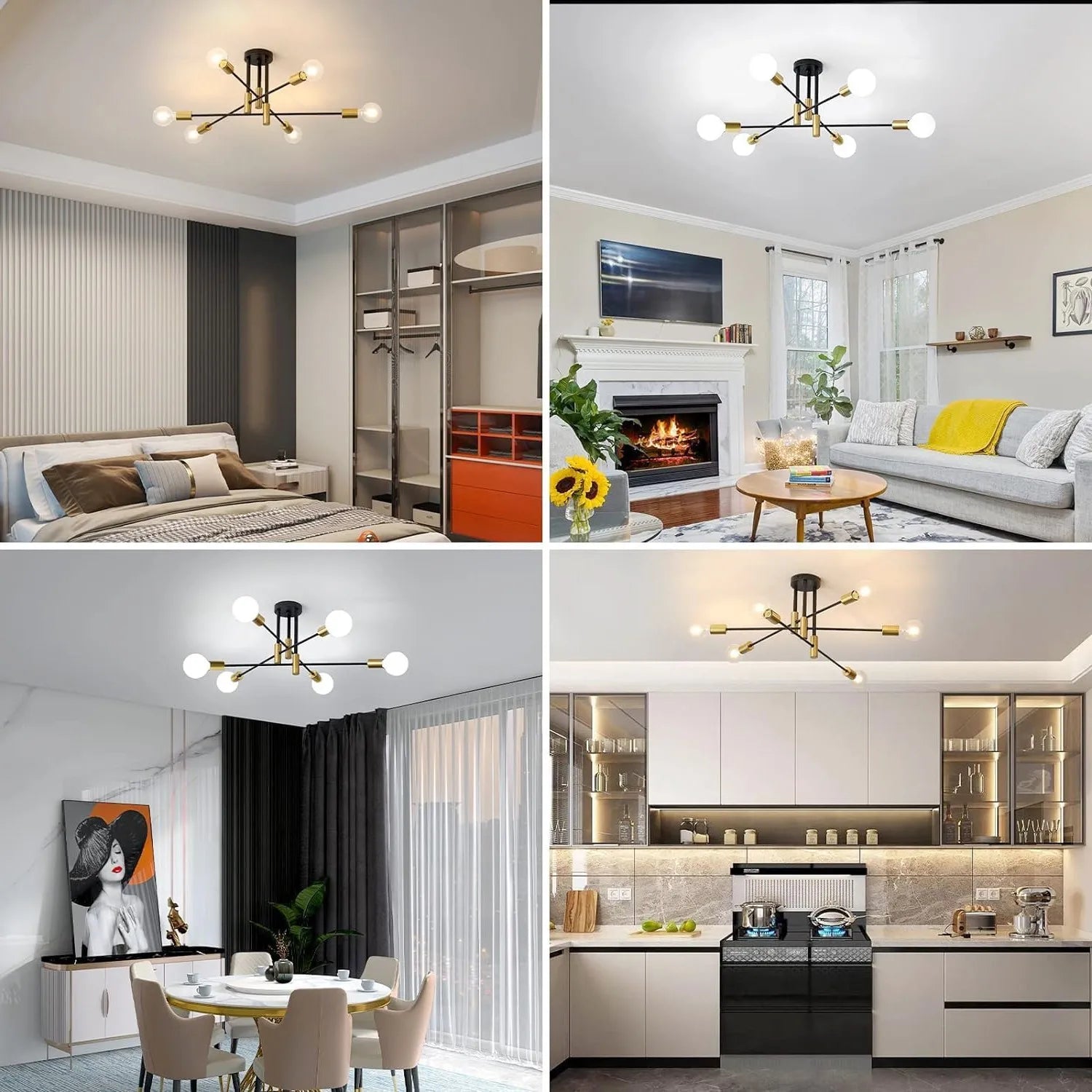 Collage of a modern living room, bedroom, and kitchen with a stylish chandelier.
