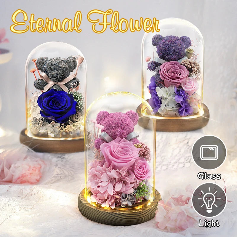 Close-up of preserved roses and hydrangeas on the moss bear.