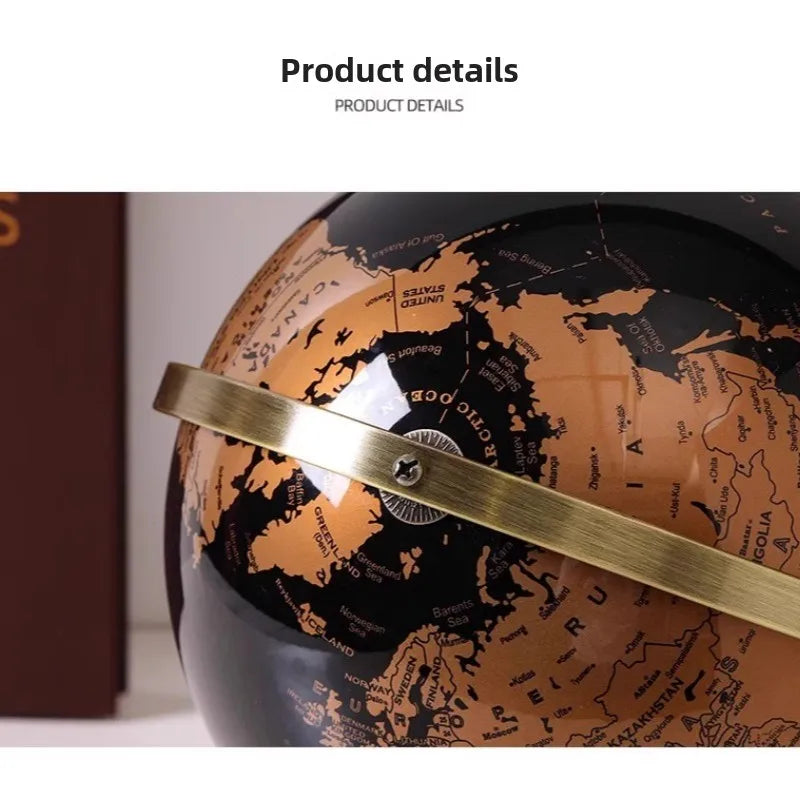 World map clock with gold hands on a white background