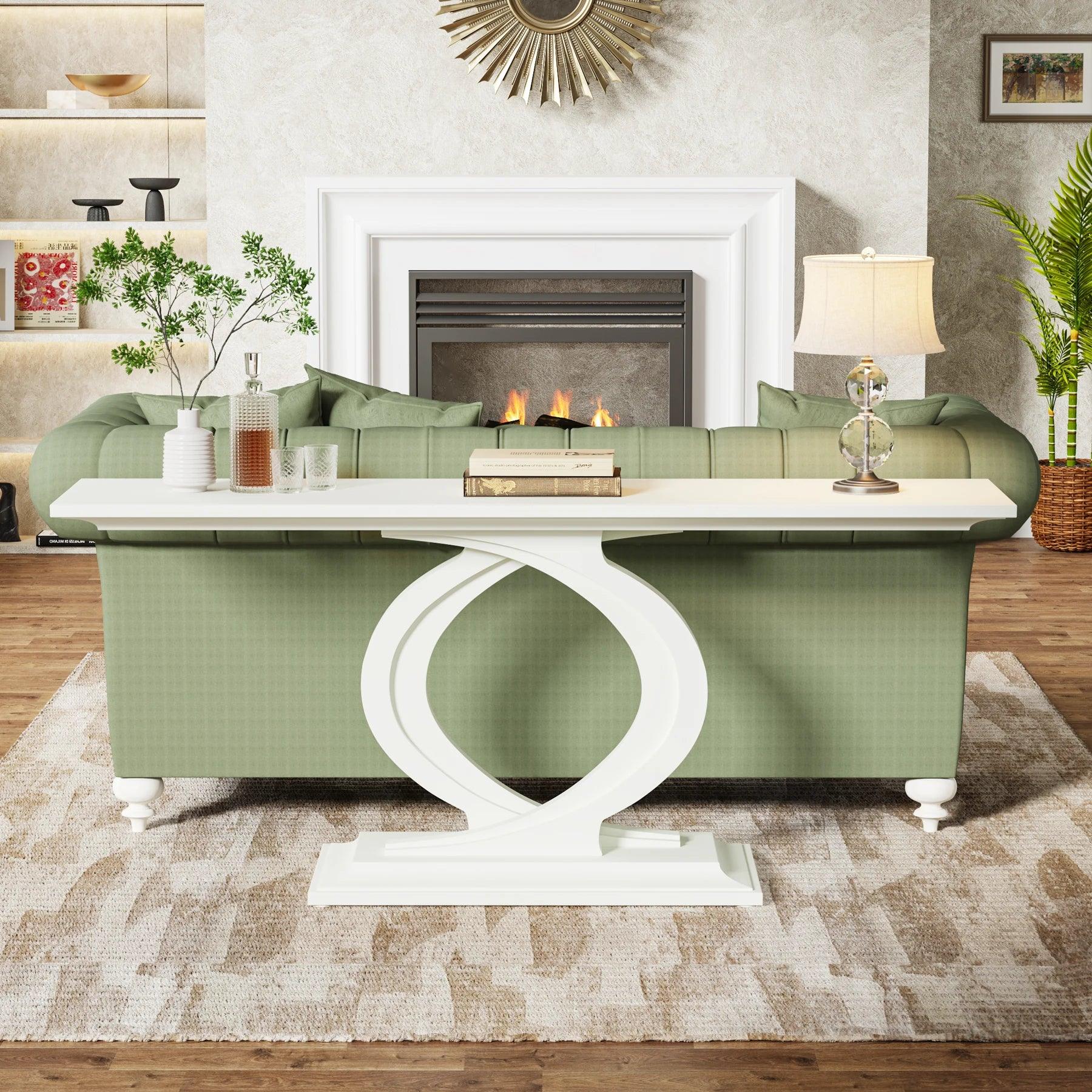 Living room console table with farmhouse style and spacious lower shelf for baskets or books