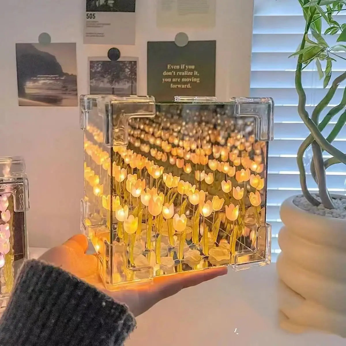 LED Tulip Night Light on with glowing flowers