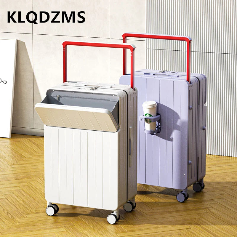 Front-opening 20-inch trolley suitcase in sleek ABS+PC material."