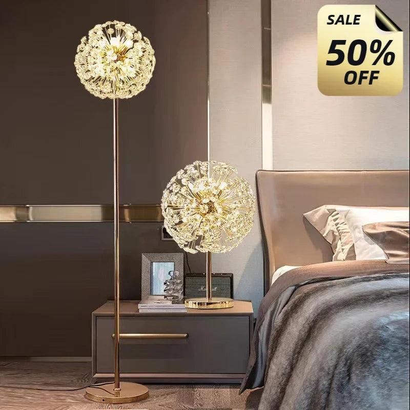 Elegant plated crystal floor lamp casting soft light in study area