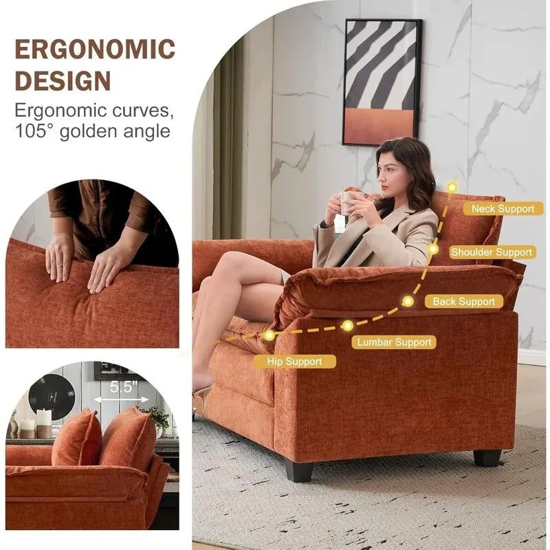 Orange sofa with ergonomic design features highlighted, including a woman sitting on it.