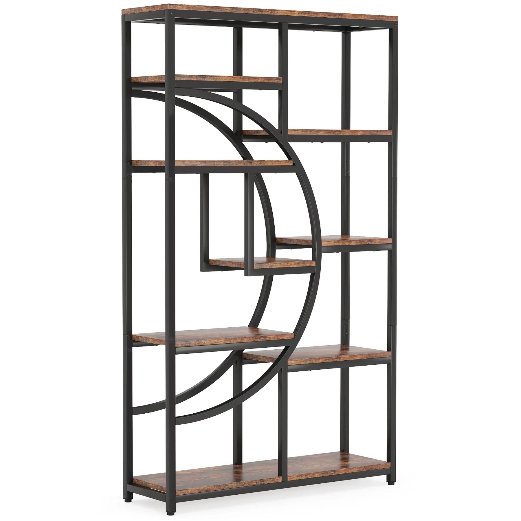 "Antique black metal frame bookcase with rustic wood shelves for home decor"