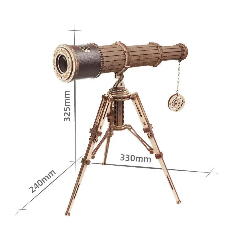 Vintage-style telescope on a tripod with measurements indicated