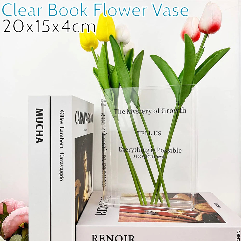 Clear book flower vase with tulips on a white background