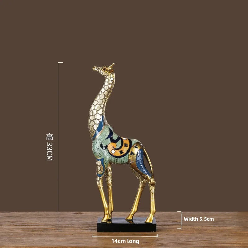 Decorative giraffe figurine with measurements on a brown background