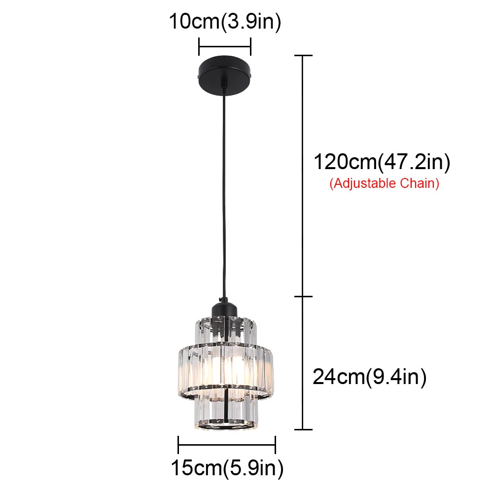 Pendant light with dimensions labeled on a white background