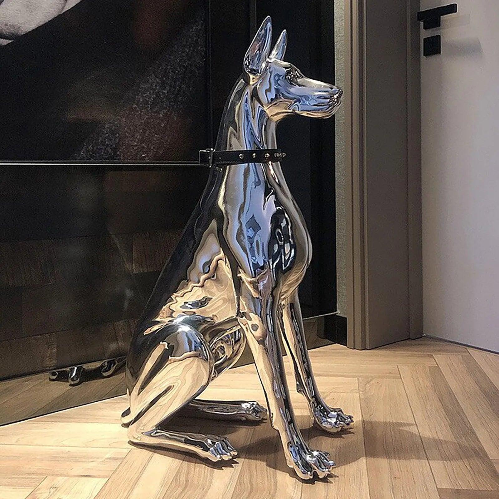 Close-up of the Doberman statue highlighting the craftsmanship.