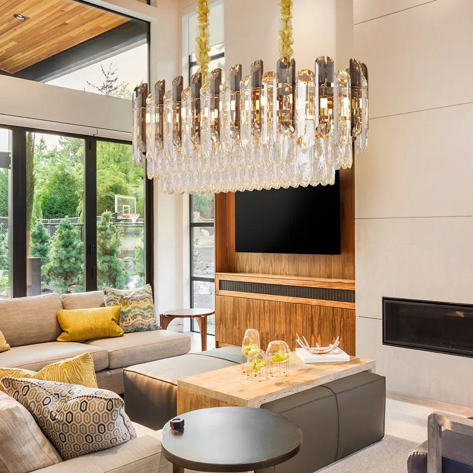 Close-up of sparkling crystals on luxury pendant chandelier