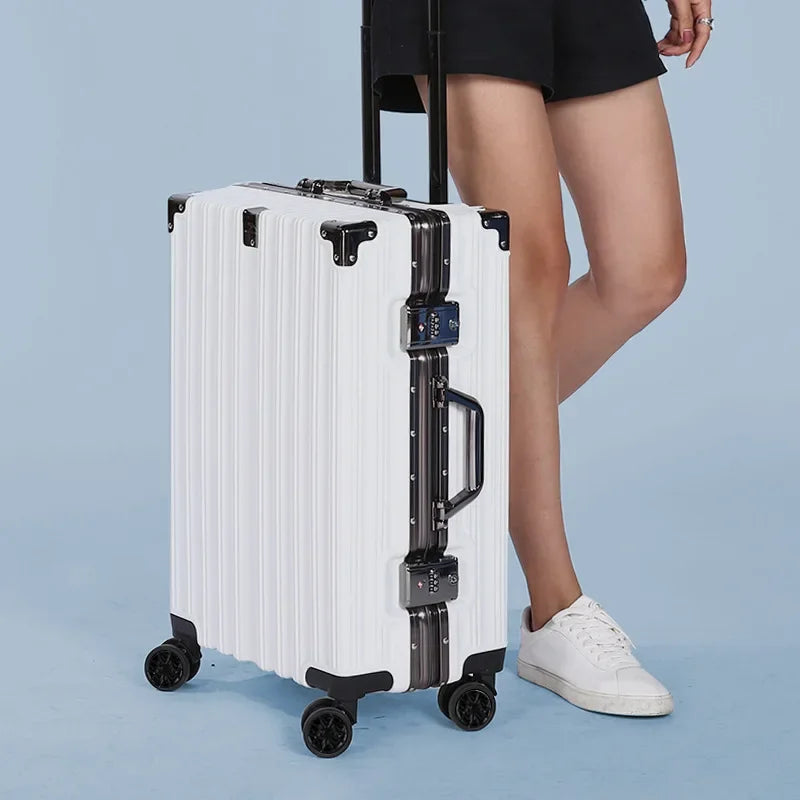 Travel-ready unisex black 20-inch luggage with aluminum frame and TSA lock.