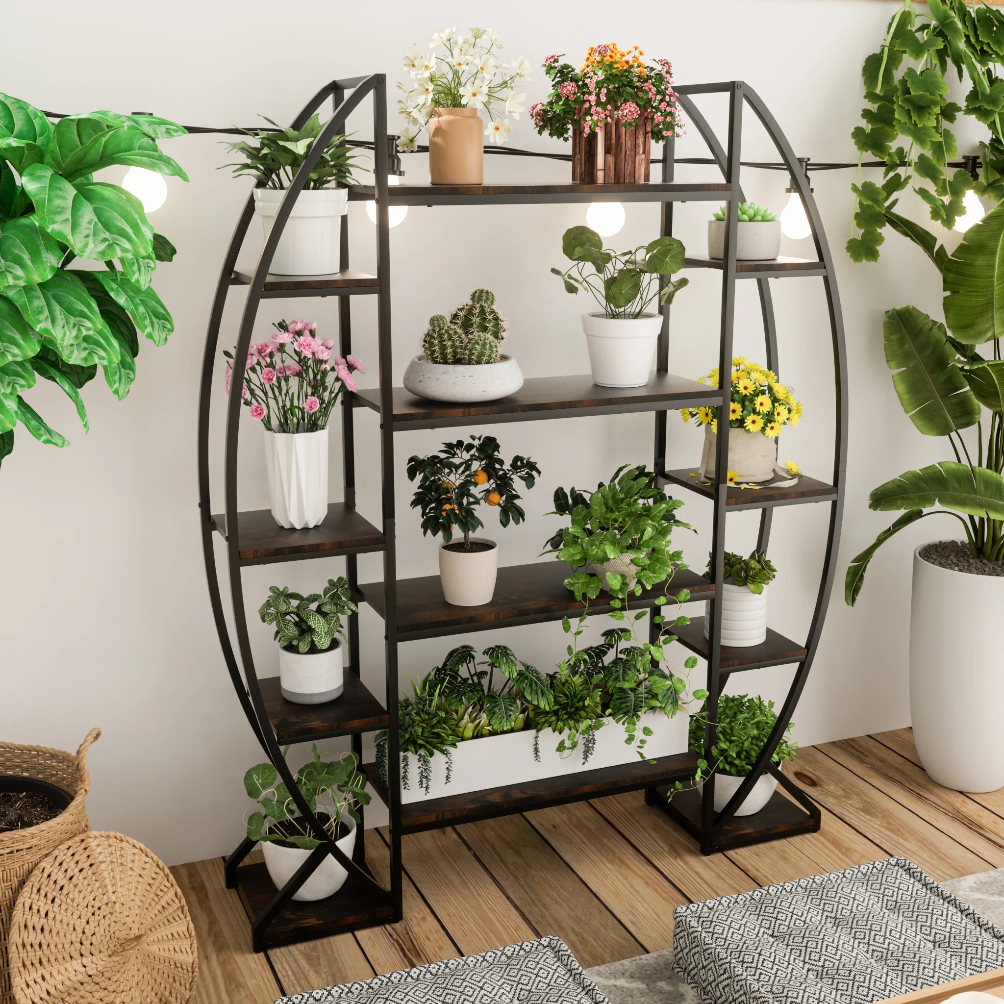 "Black and brown iron and MDF plant stand for garden, patio, or balcony"