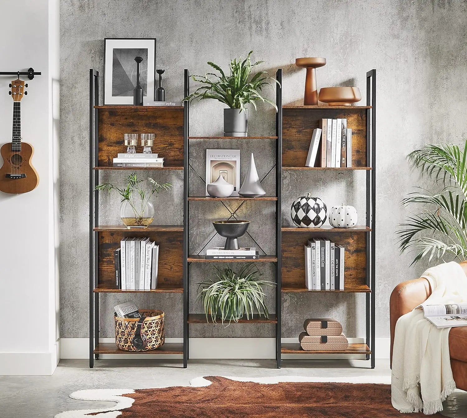 "Rustic brown and black modern bookcase with 6 shelves for home organization"