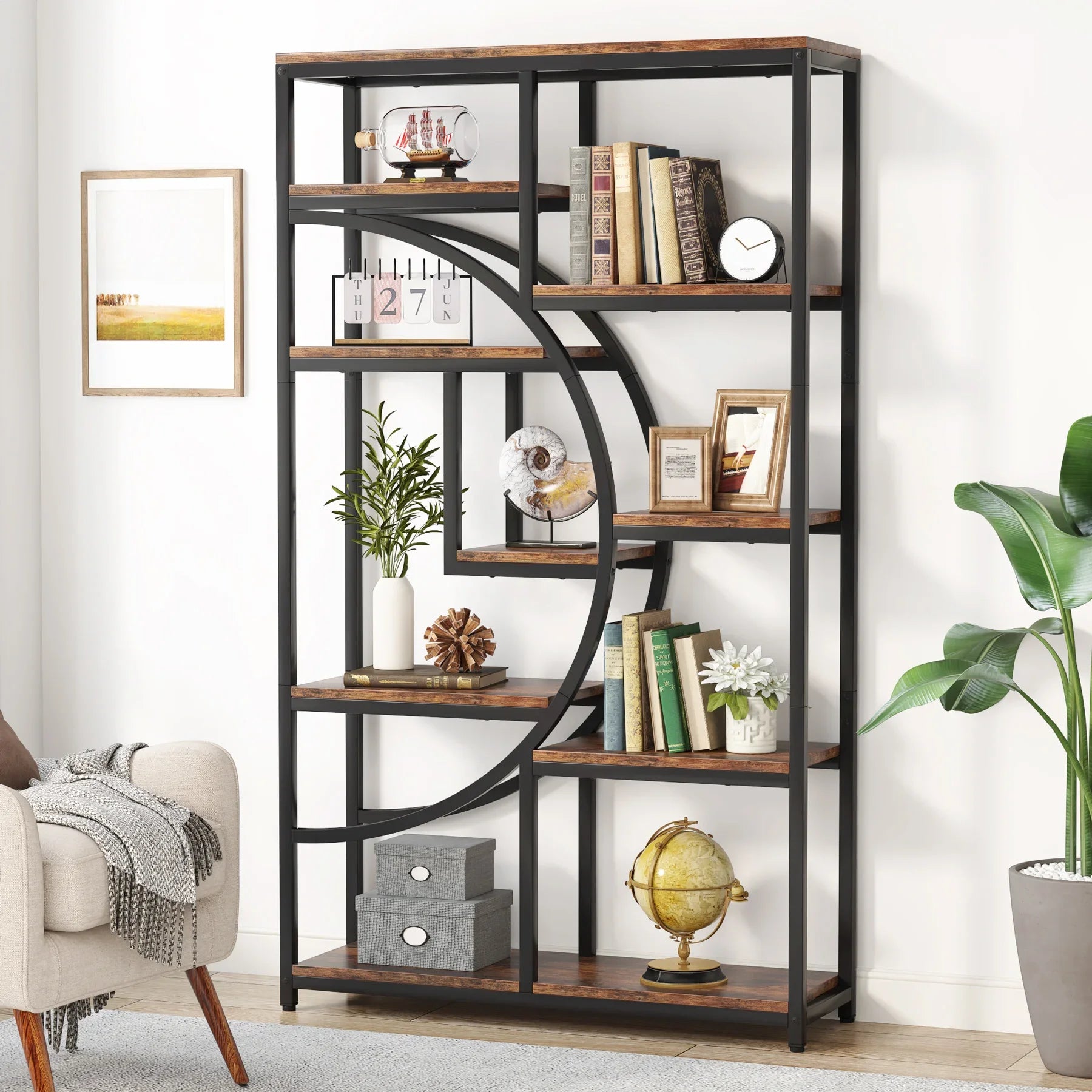 "5-tier retro bookcase with geometric design and rustic finish for living rooms"