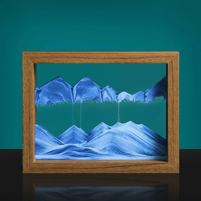 Framed artwork of blue mountains on a teal background