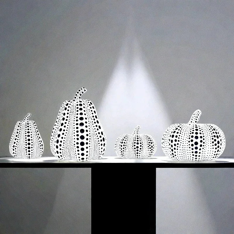 "Stylish pumpkin statue placed on a kitchen counter as a centerpiece"