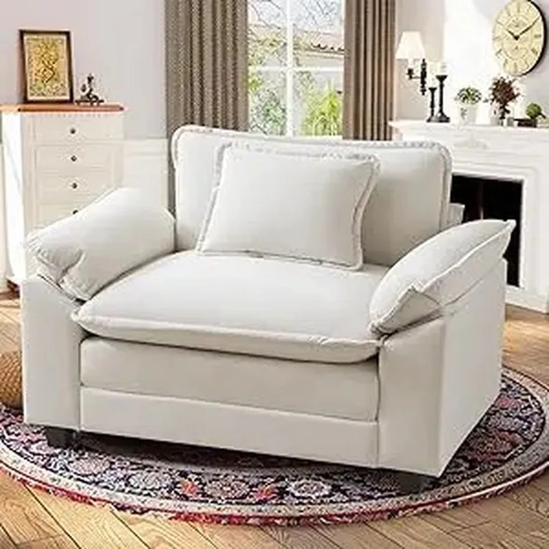 White sofa in a living room setting with decor elements.