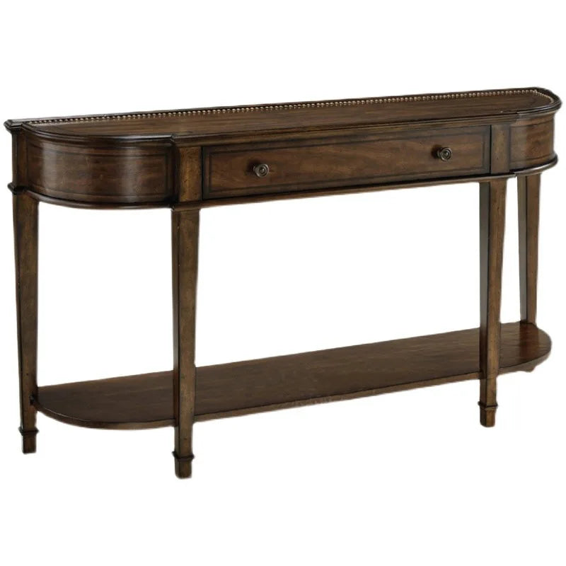Wooden console table with a drawer on a white background