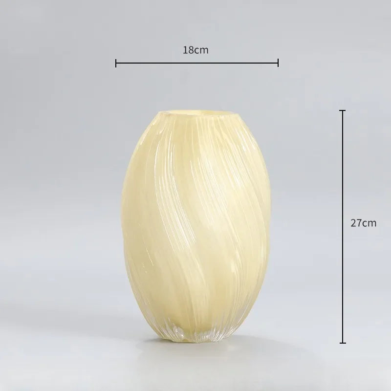 Beige vase with dimensions on a gray background