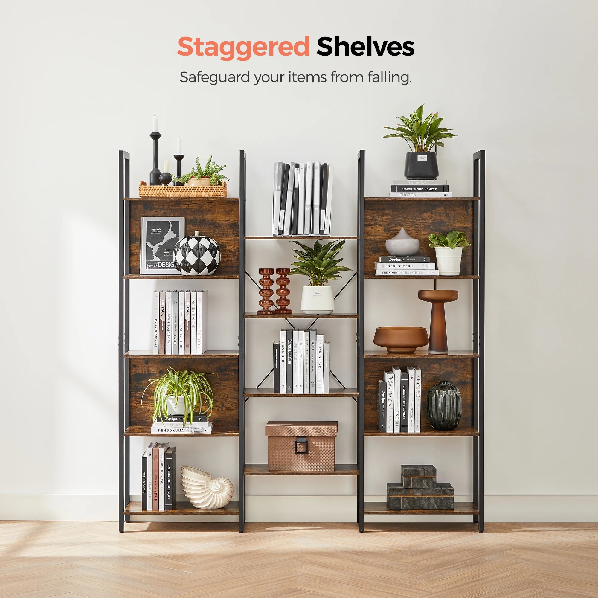 "Sturdy particleboard and steel bookcase, 62.2 inches wide for living room or office"