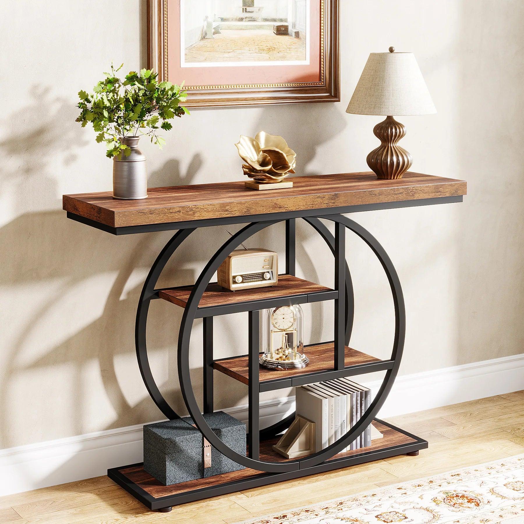 Versatile entryway table with rustic wood and metal frame for modern and industrial home interiors.