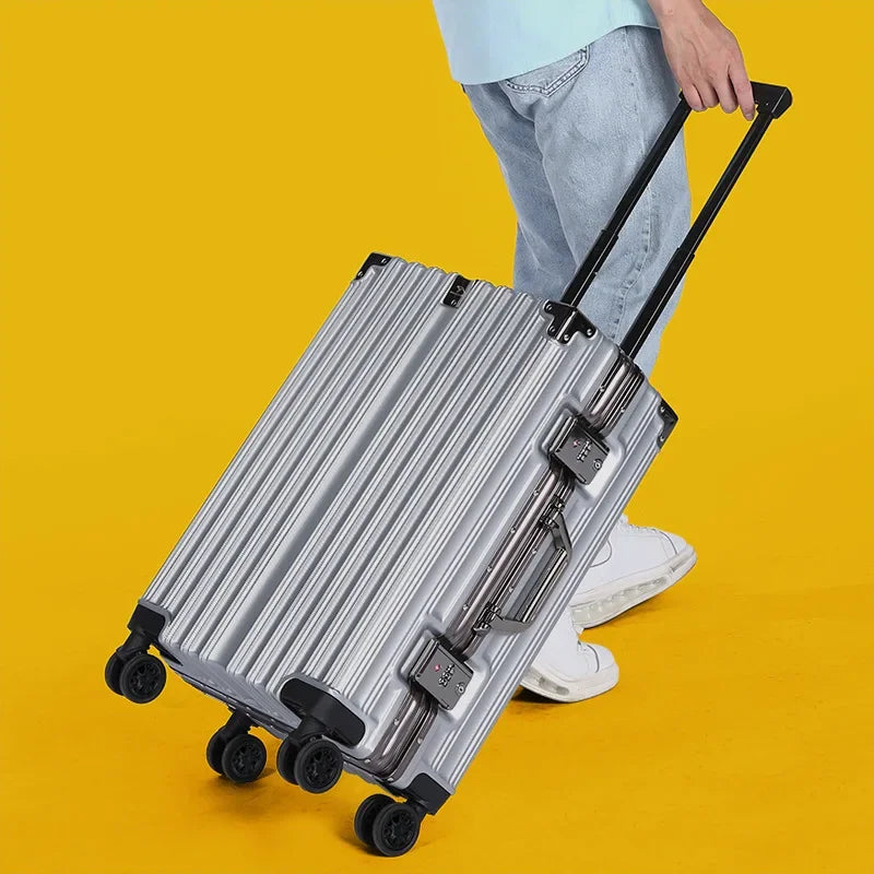 Interior compartments of the white aluminum frame luggage.
