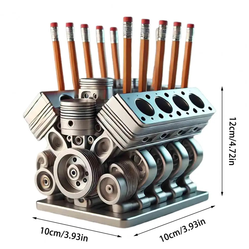 Metal engine block pencil holder with pencils on a white background