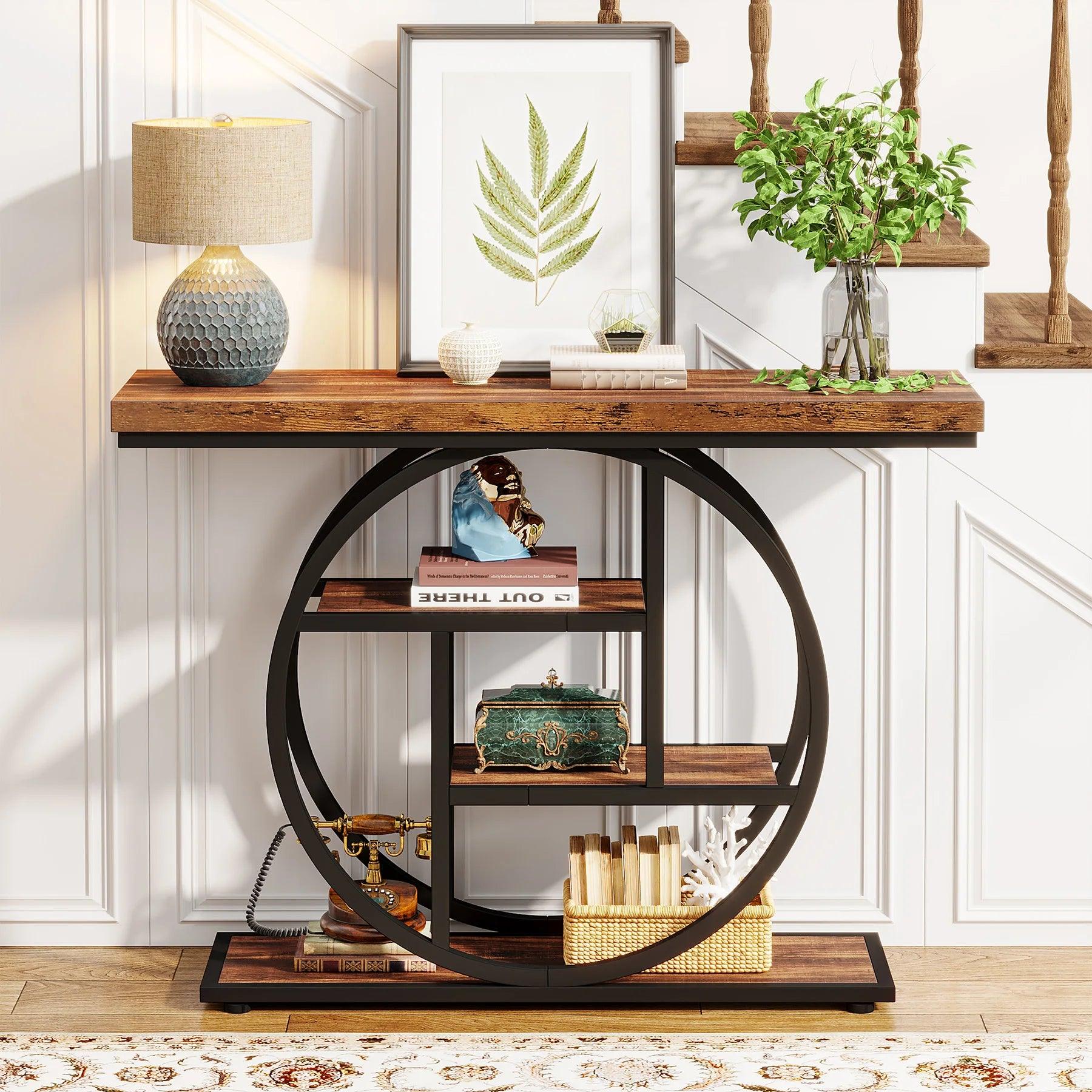 Sleek and sturdy console table with four shelves and durable metal frame, suitable as a TV stand or hallway table.