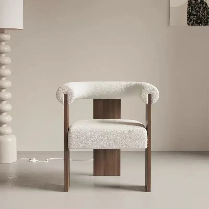 Modern Wooden Armchair for Dining: Comfortable lambskin seat and supportive solid wood handrests.
