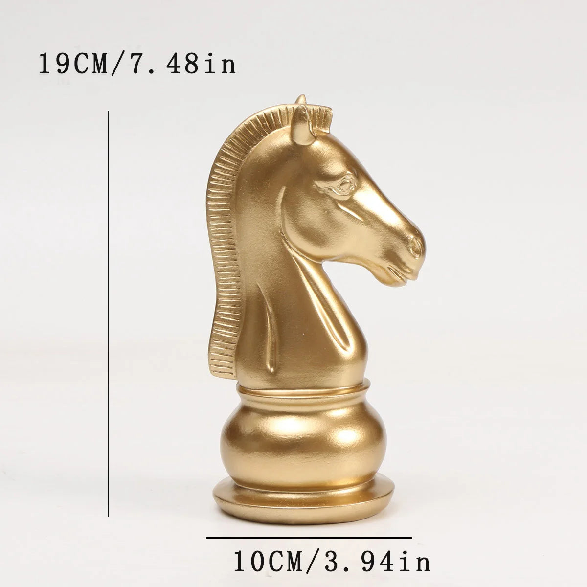 Gold chess piece with dimensions on a white background