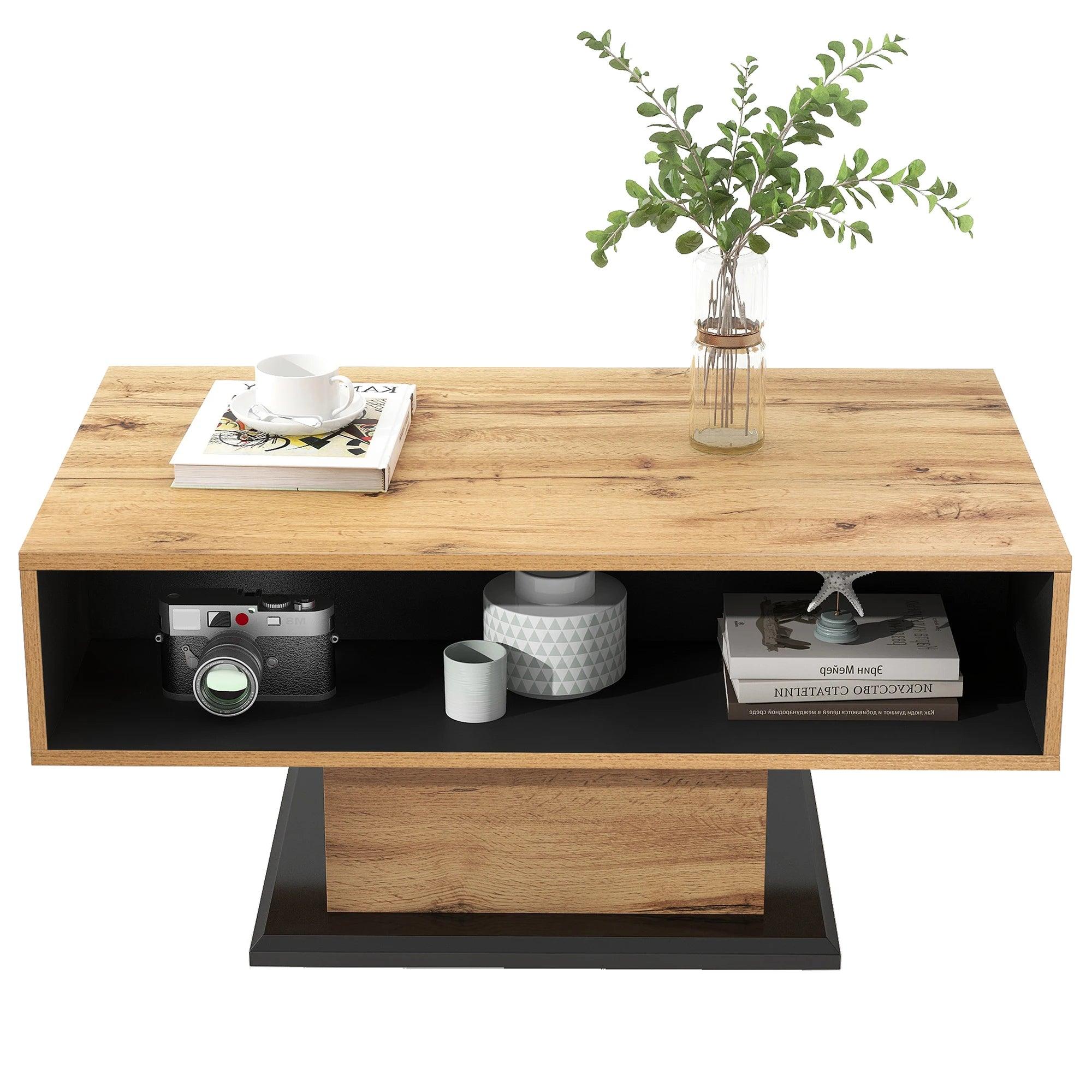 Close-up of the handle-free design on the modern coffee table drawer.