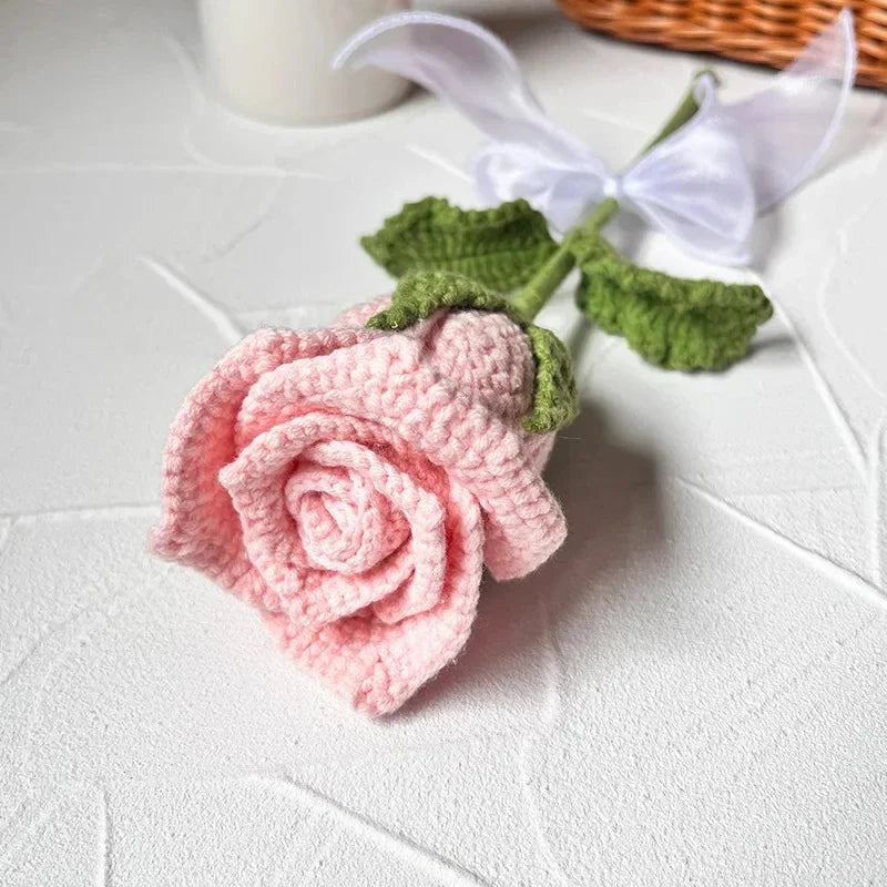 Handmade crochet rose flowers, detailed petal work.