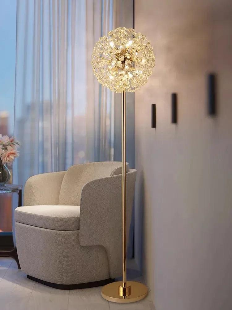 Modern Nordic floor lamp with plated crystal finish illuminating bedroom