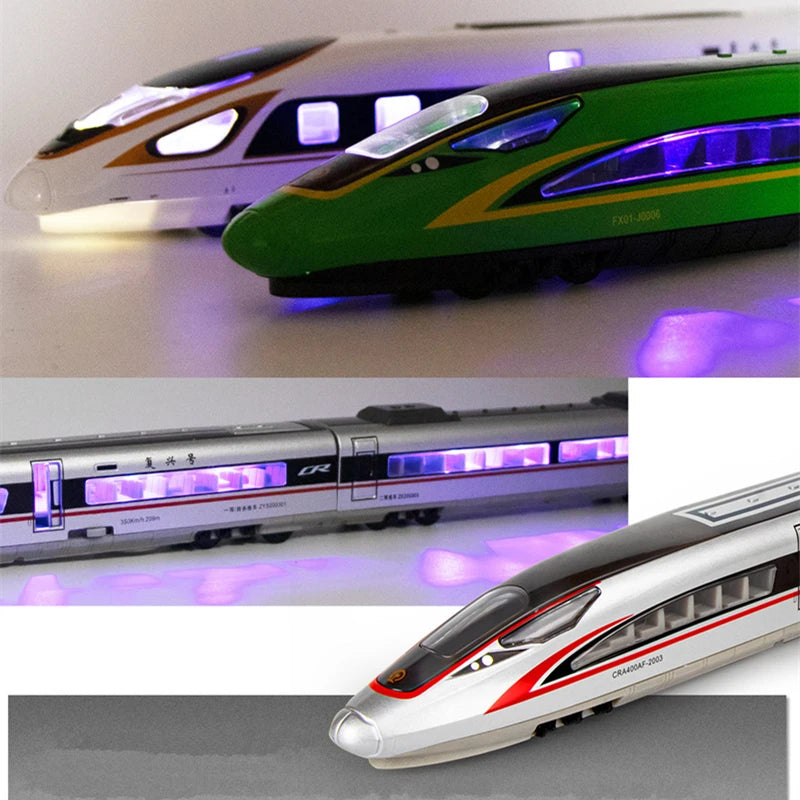 "Diecast metal high-speed train model on electric rail"