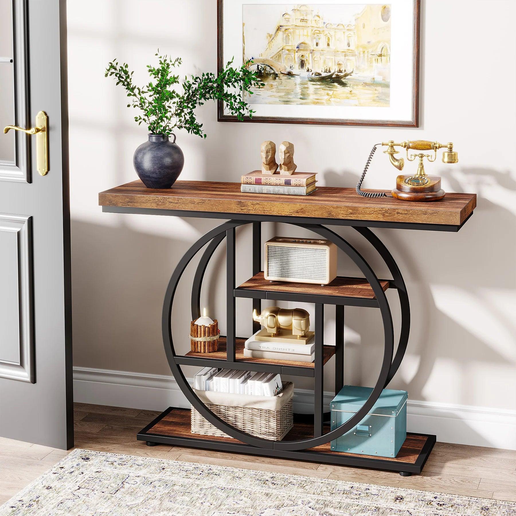 4-tier sofa table with ample storage space and sturdy metal frame, ideal for living rooms and hallways.