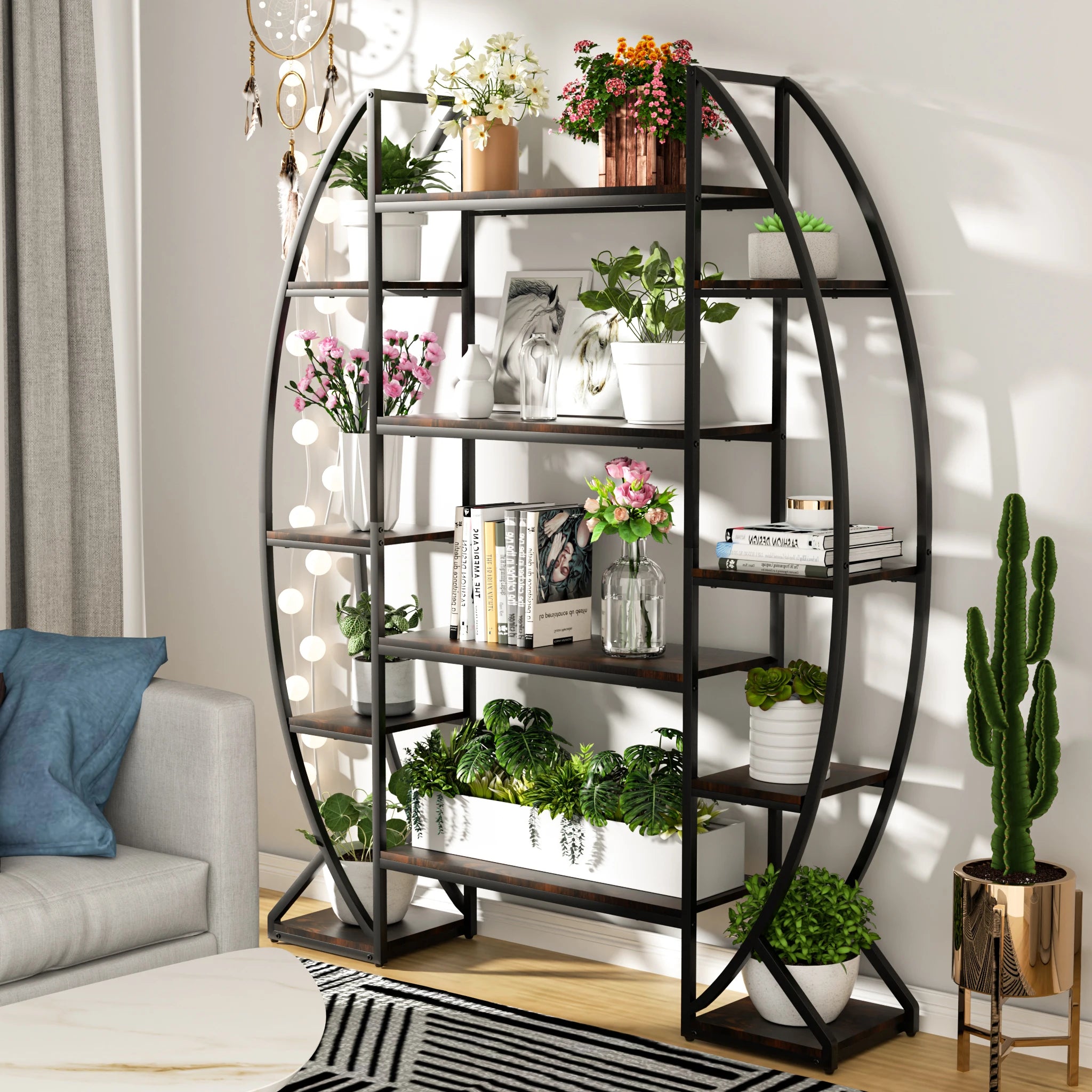 "5-tier industrial plant stand with half-moon design for indoor and outdoor spaces"
