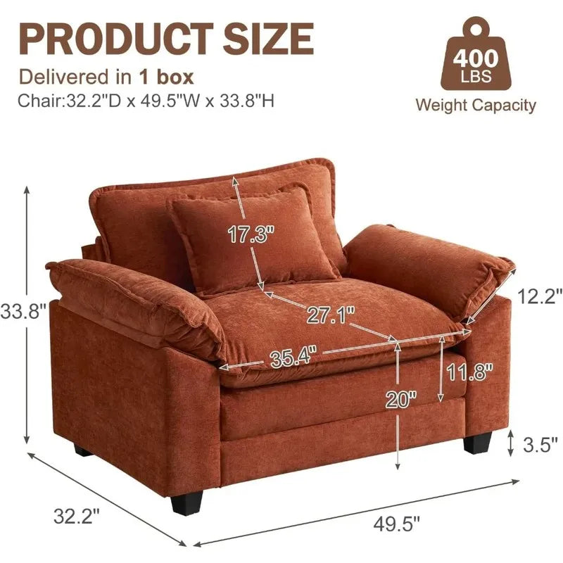 Brown sofa with measurements and product size details on a white background