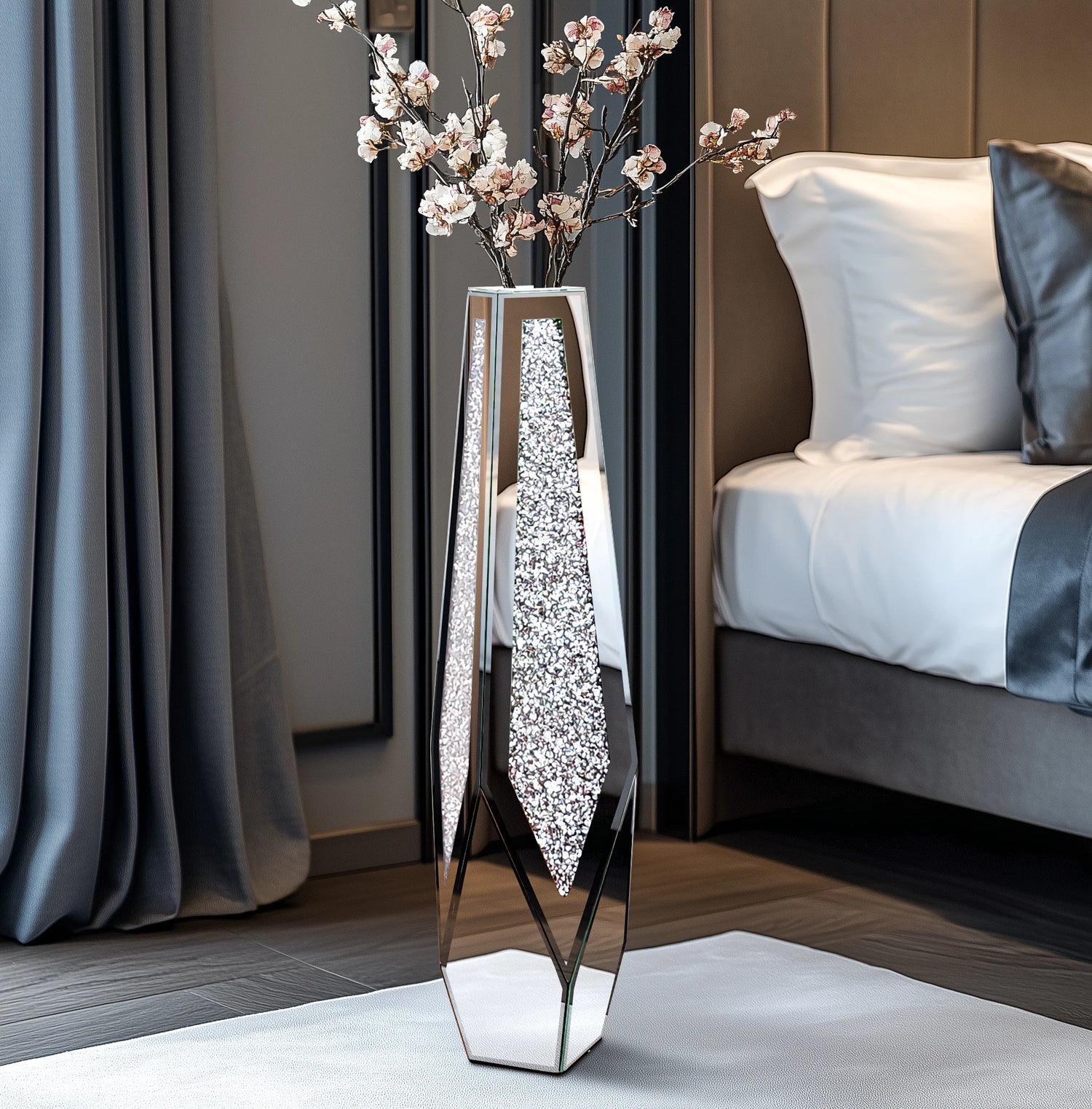 Decorative vase with floral arrangement on a table in a bedroom setting