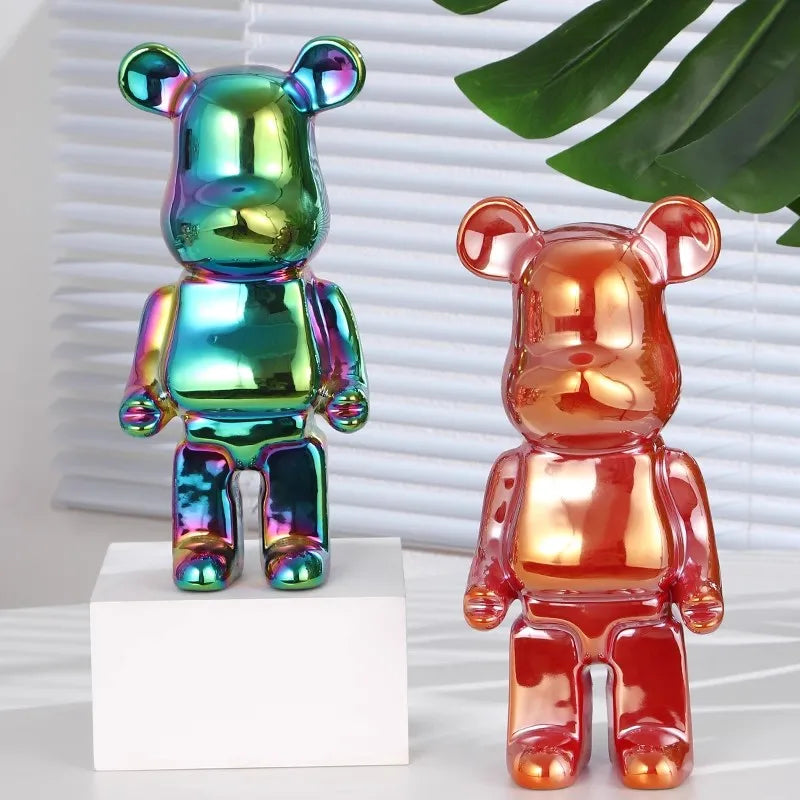 "Glossy ceramic bear statue on a wine cabinet"