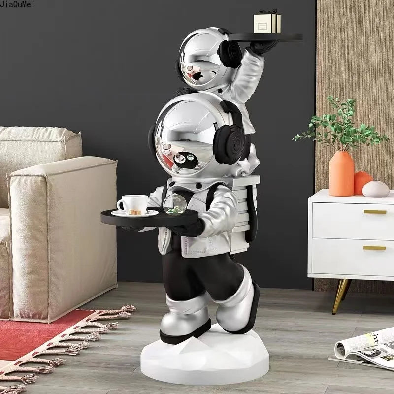"Modern astronaut sculpture for home decor on a wooden shelf"