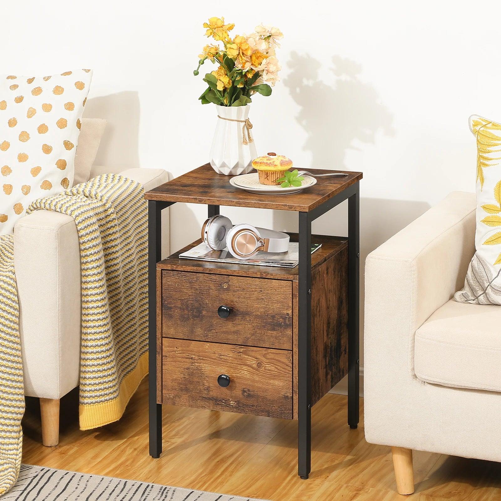 Modern Nightstand with Storage Drawers and Open Shelf in Rustic Brown & Black Metal Frame