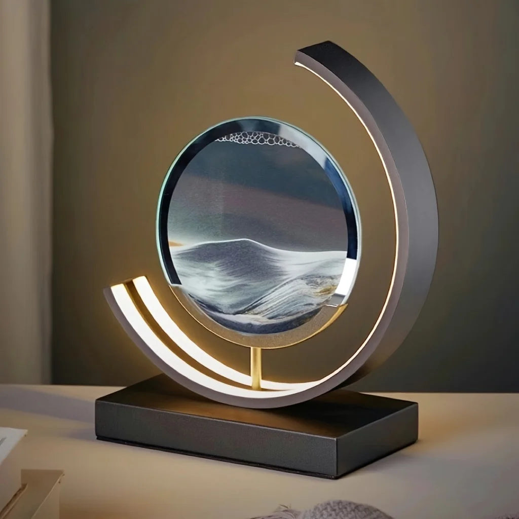 "Modern geometric sand art desk lamp with USB power and adjustable brightness"