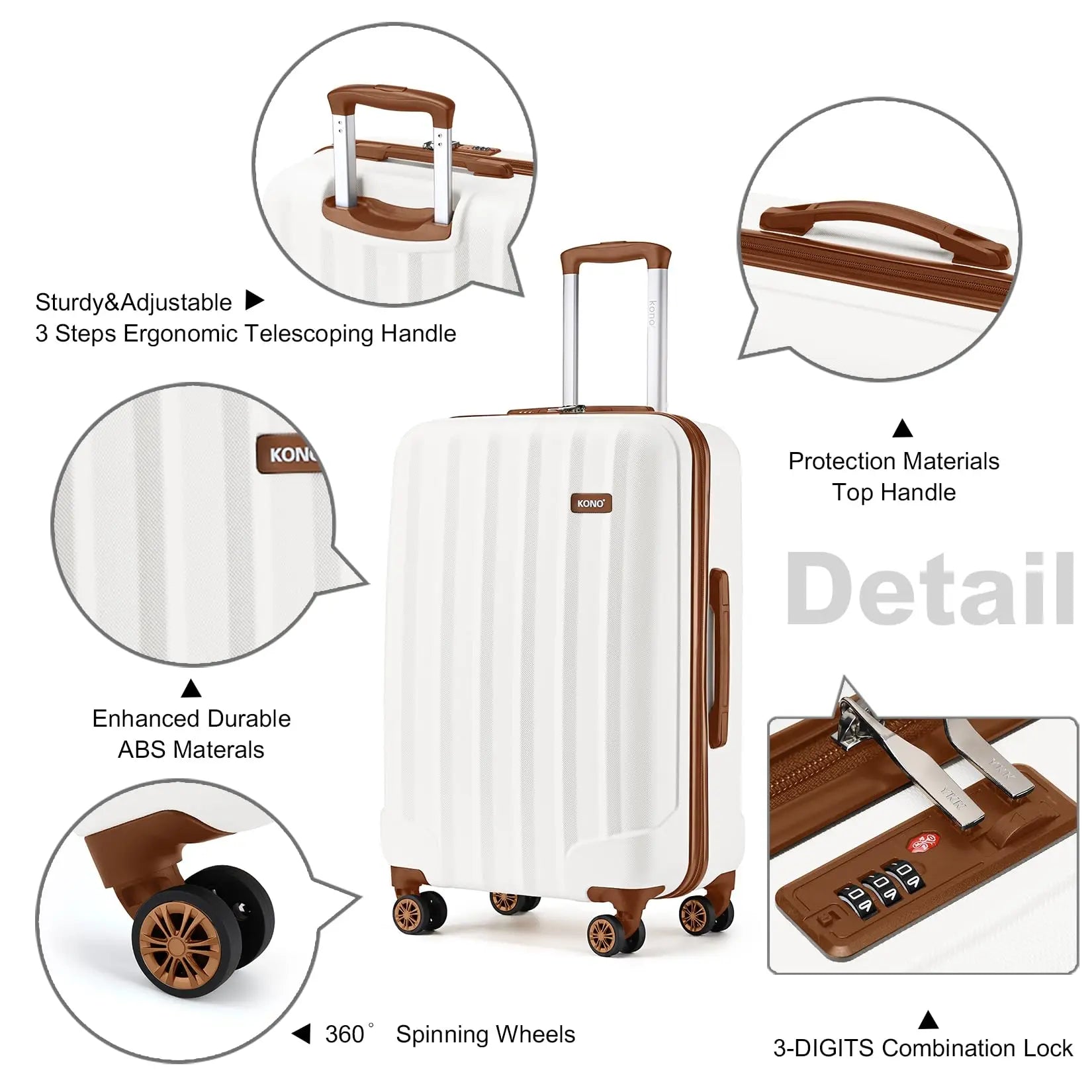 360° spinner wheels on KONO rolling luggage for smooth mobility.