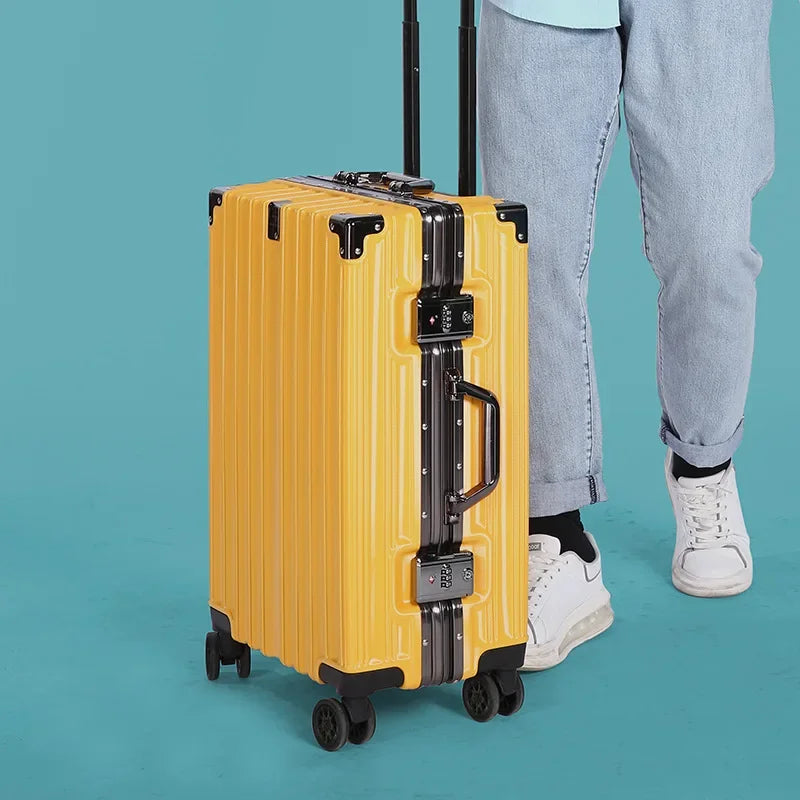 Travel-ready unisex black 20-inch luggage with aluminum frame and TSA lock.