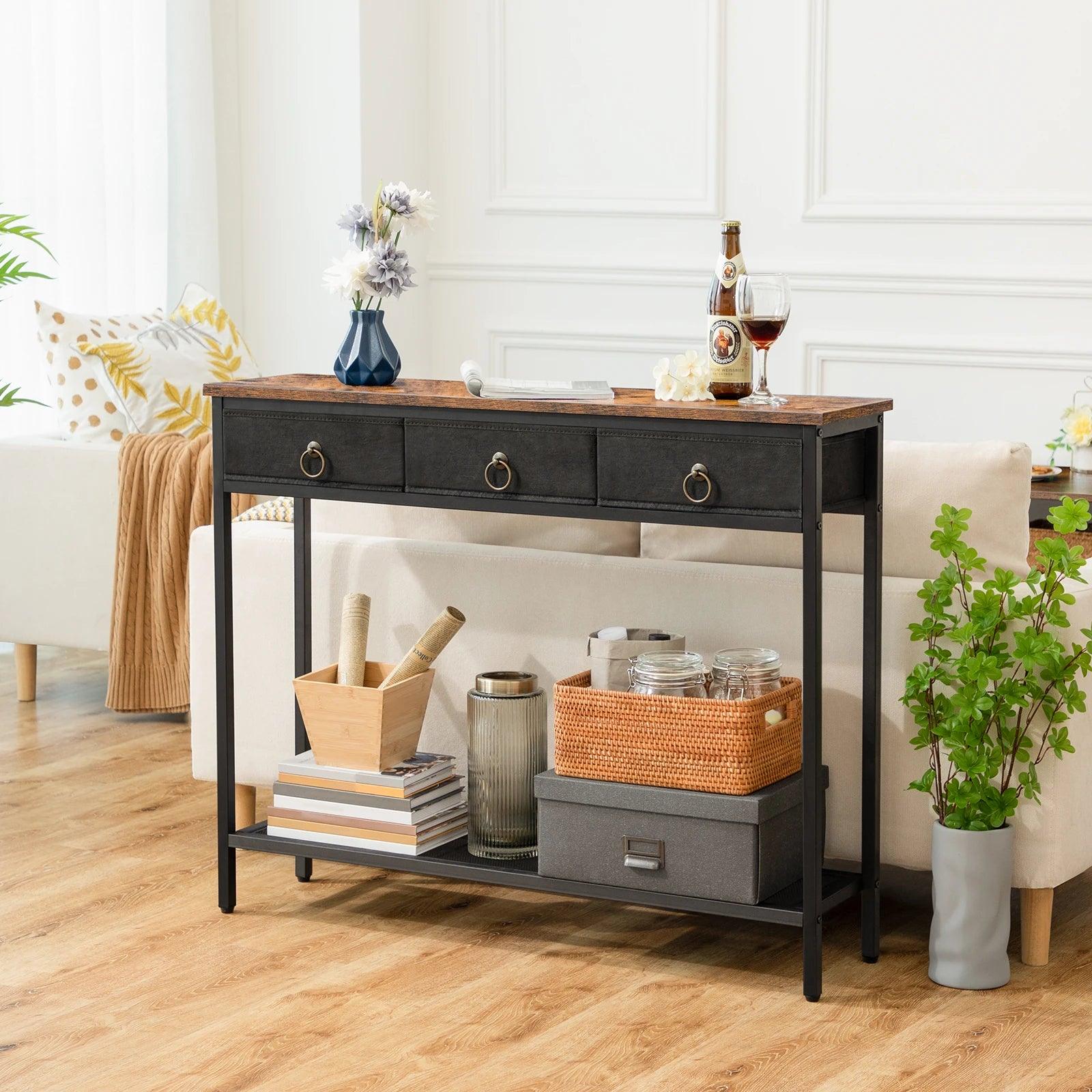 Close-up of the Retro Console Table with Storage Drawers – A detailed view of the 2 drawers on the HOOBRO console table, perfect for keeping things organized.